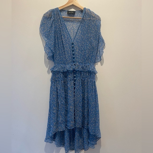 $360 The Kooples Women Blue V-Neck Ruffle Ruched Floral Flowy Silk Dress Size XS - Picture 3 of 8